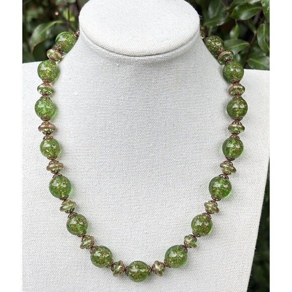 Vintage Murano Aventurina Green Gold Foil Glass Bead Necklace 16” Italy 1970s - Picture 1 of 6